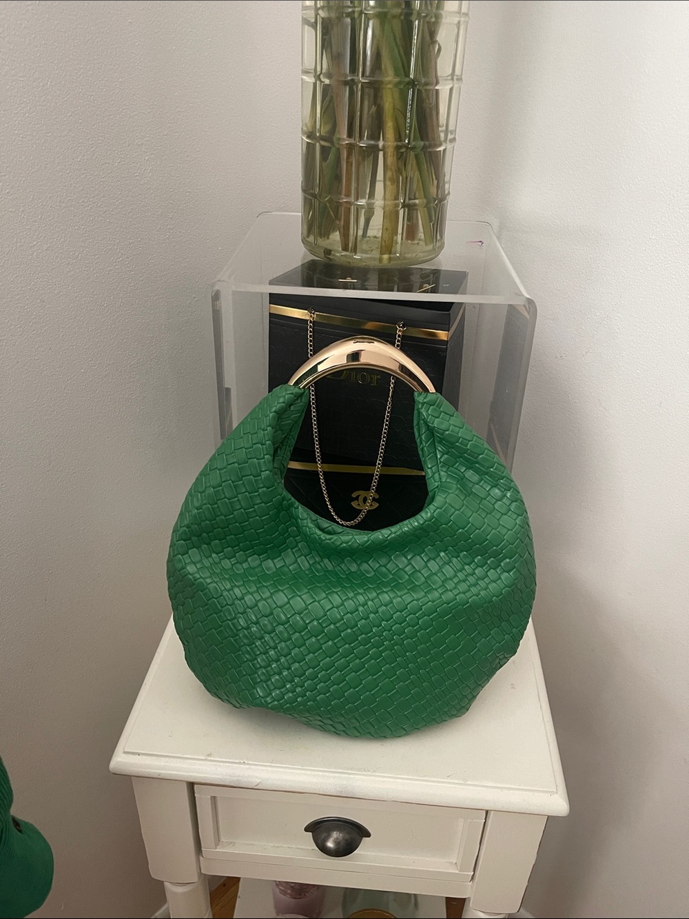 Chic Green Woven Hobo Mini Bag with Gold Handle